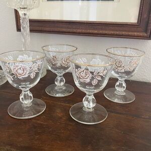Vintage MCM Libbey Rose Bouquet Champagne Sherbet Dessert Glasses Gold Roses